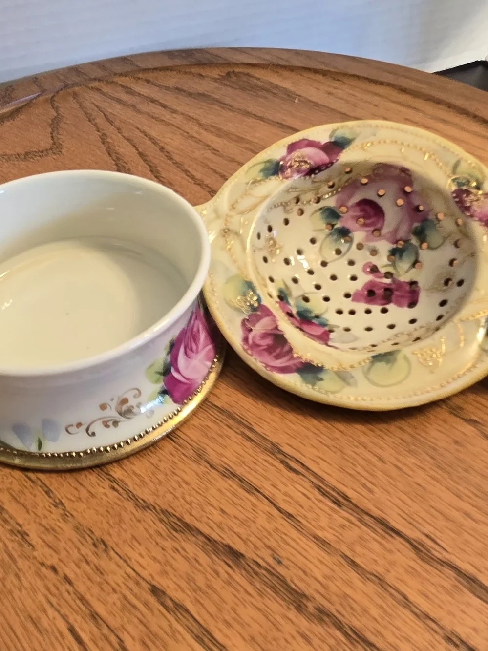 Vintage Porcelain Floral Tea Strainer and Drip Bowl - Pink Rose